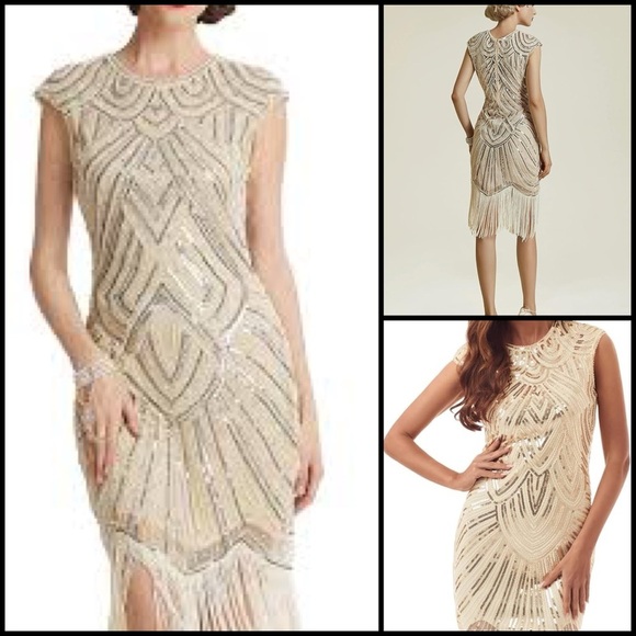 1920 Gatsby Retro. Style Beaded Sequin Fringe Cream Flapper Party Dress Size XS - Picture 1 of 16